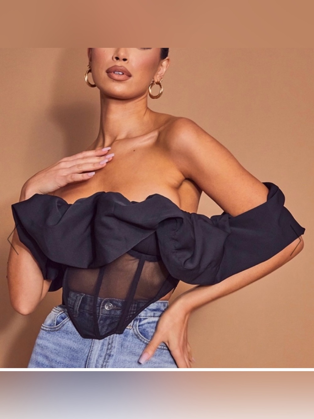 Pretty Little Thing-Black Ruched Mesh Corset top